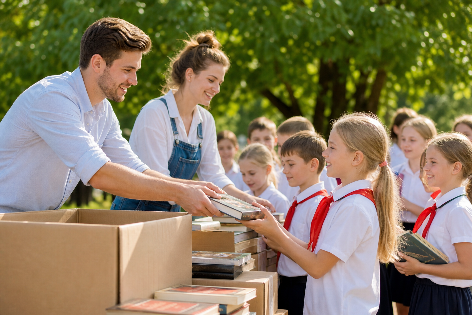 Volunteers distributing donated books to students outdoors