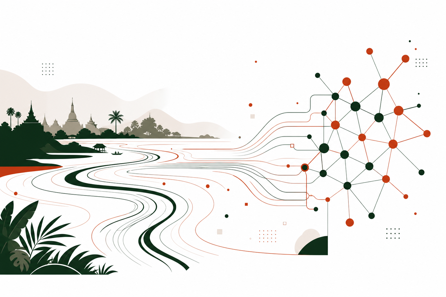 Abstract Mekong river flowing into neural network nodes